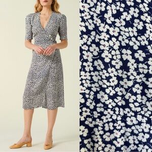 ROUJE Navy Blue Cream & Pink Ditsy Floral Printed Retro Midi Gabin Wrap Dress